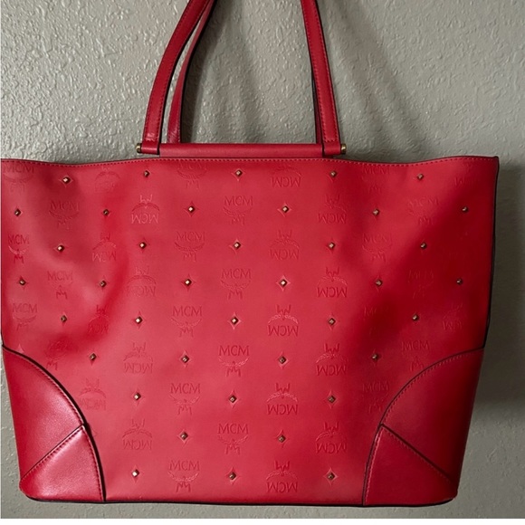 EUC MCM Studded Claudia Red Coated Canvas and Leather Tote - Picture 1 of 10